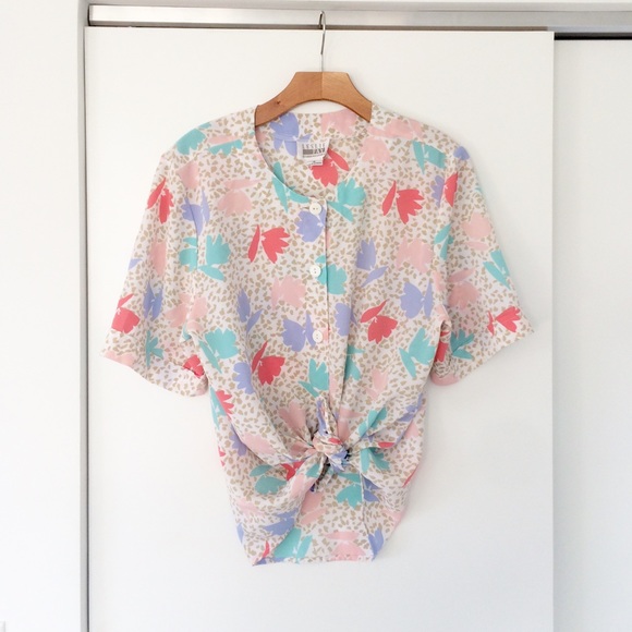 Vtg 80s Pop Art Floral Dots Button Down Shirt Top - Picture 1 of 5